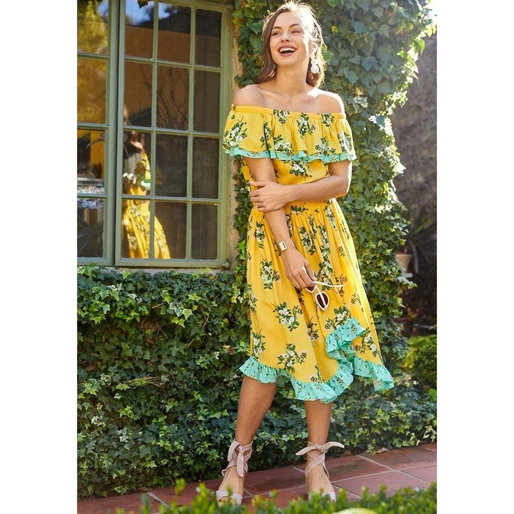 Matilda Jane Hooked on a Feeling Midi Dress Off Shoulder Large Ruffle Garden